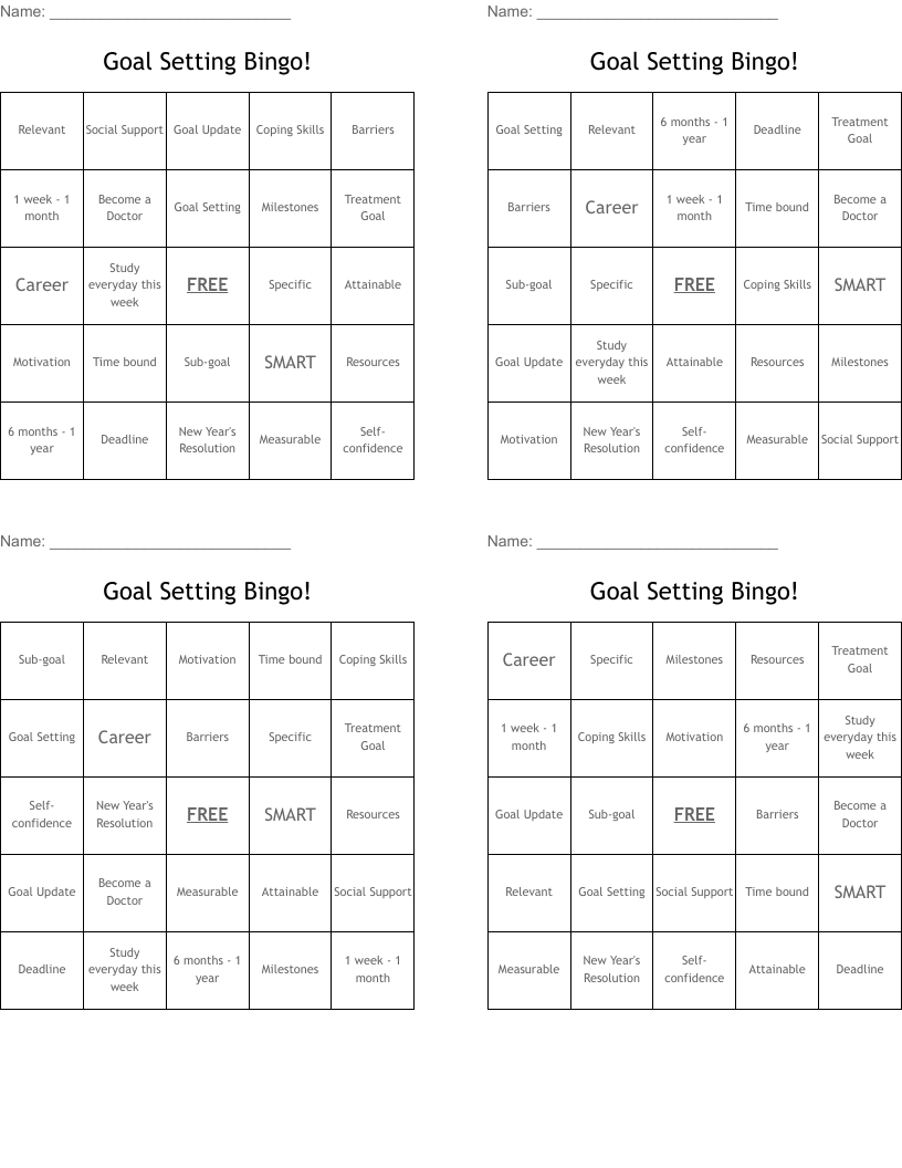 Goal Setting Bingo!