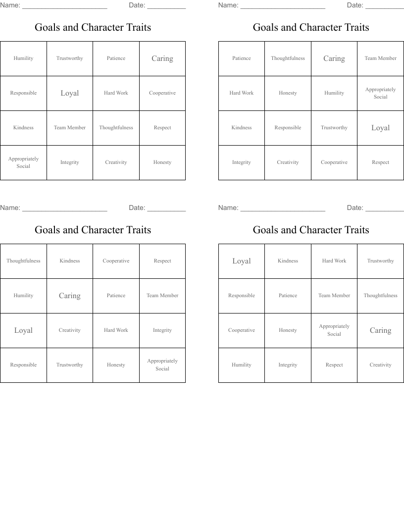Goals and Character Traits Bingo Cards