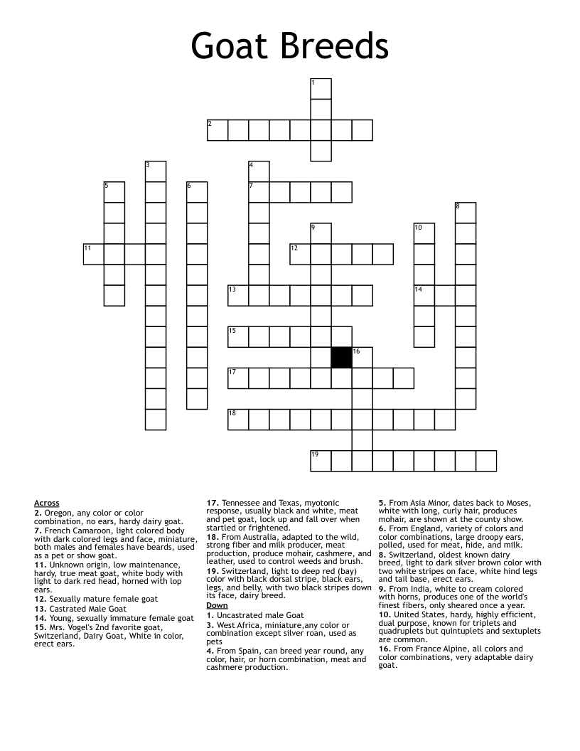 Goat Breeds Crossword