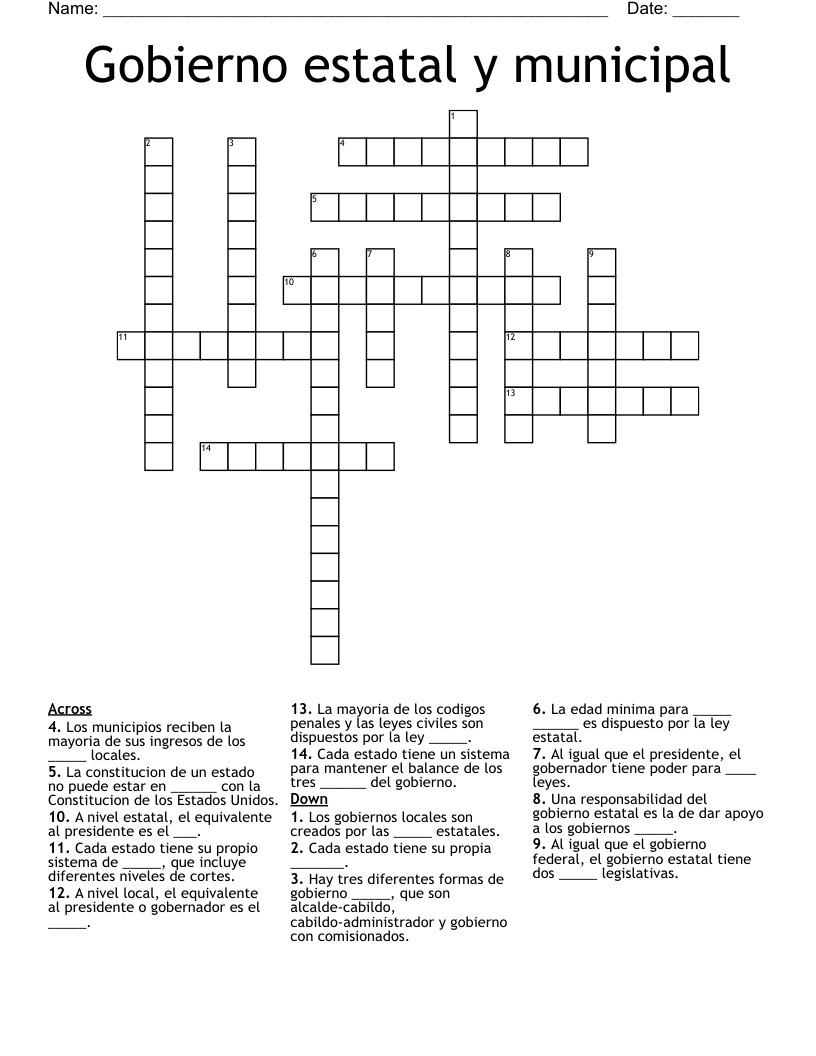 Gobierno estatal y municipal Crossword