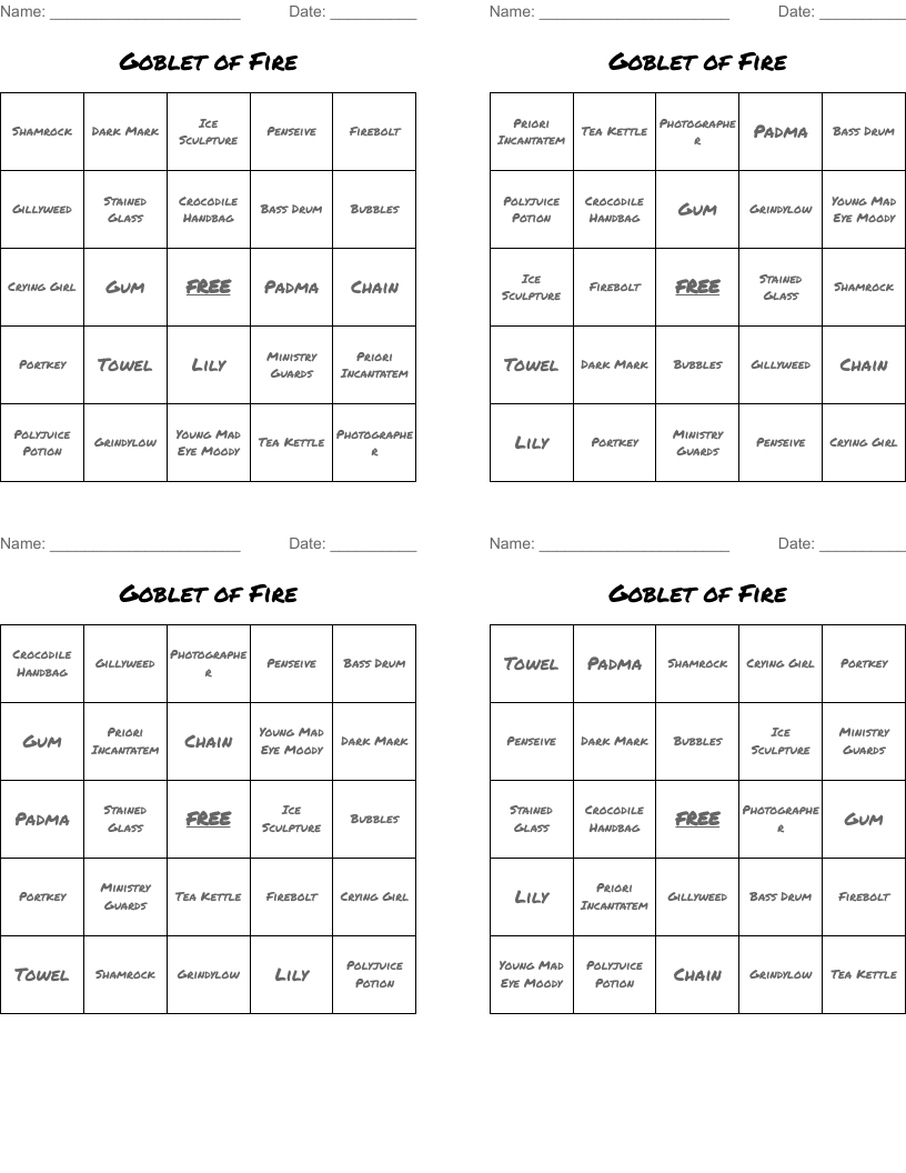 Goblet of Fire Bingo Cards