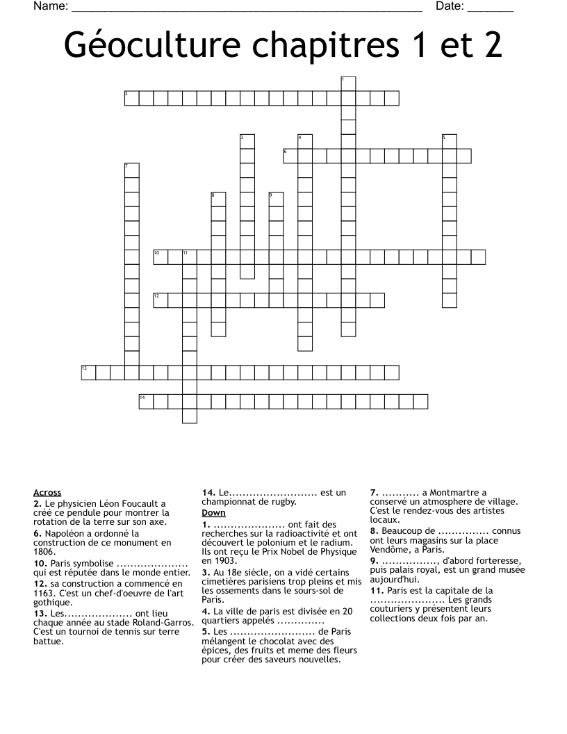 Géoculture chapitres 1 et 2 Crossword