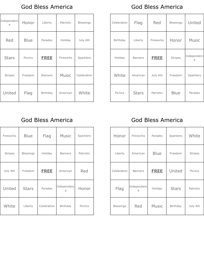 God Bless America Bingo Cards