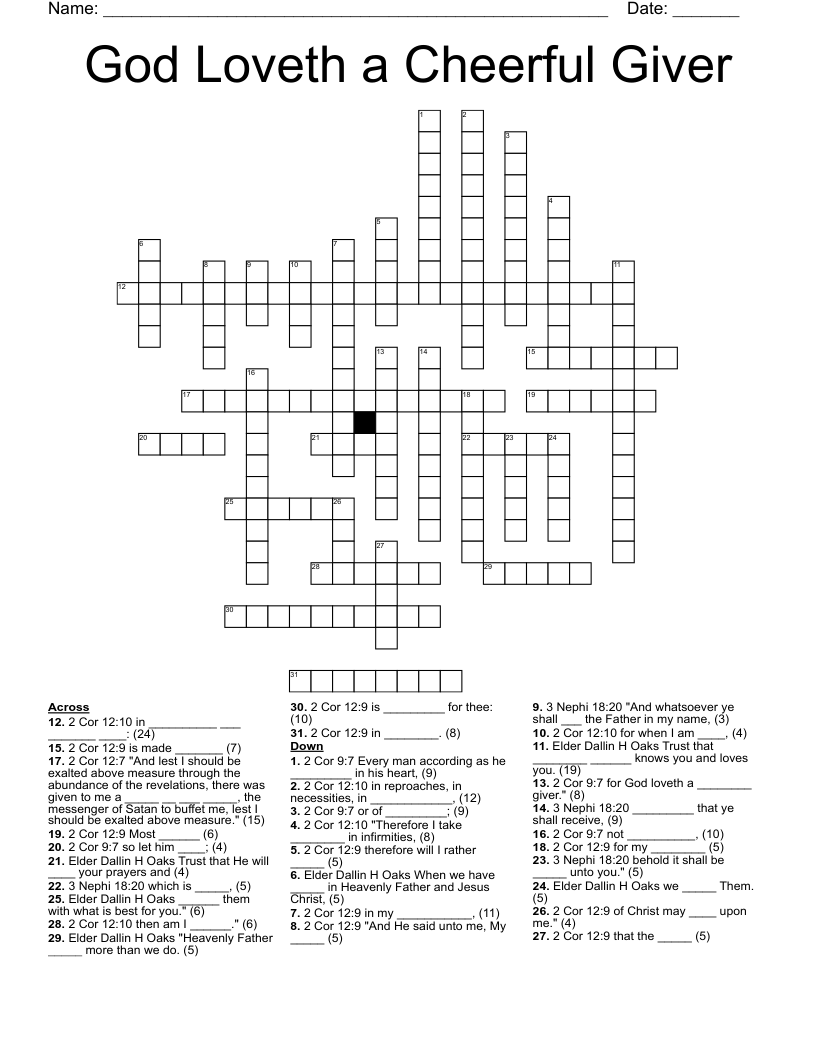 God Loveth a Cheerful Giver Crossword