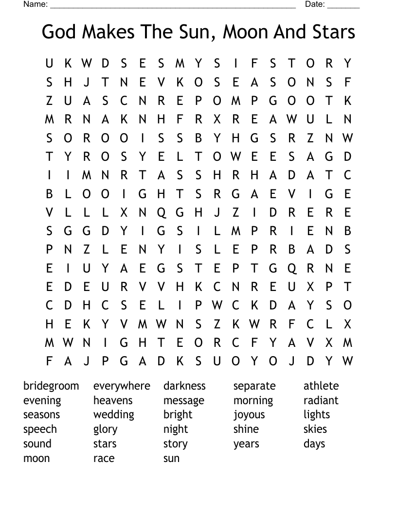 God Makes The Sun, Moon And Stars Word Search