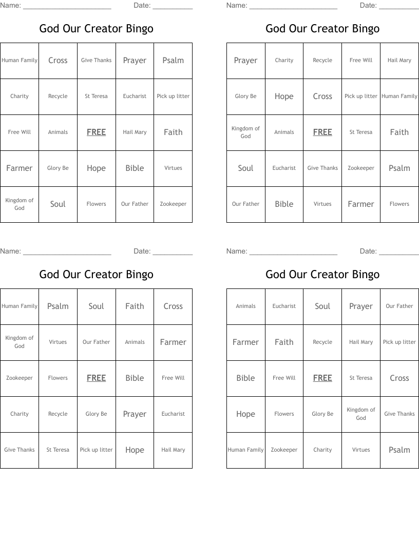 God Our Creator Bingo