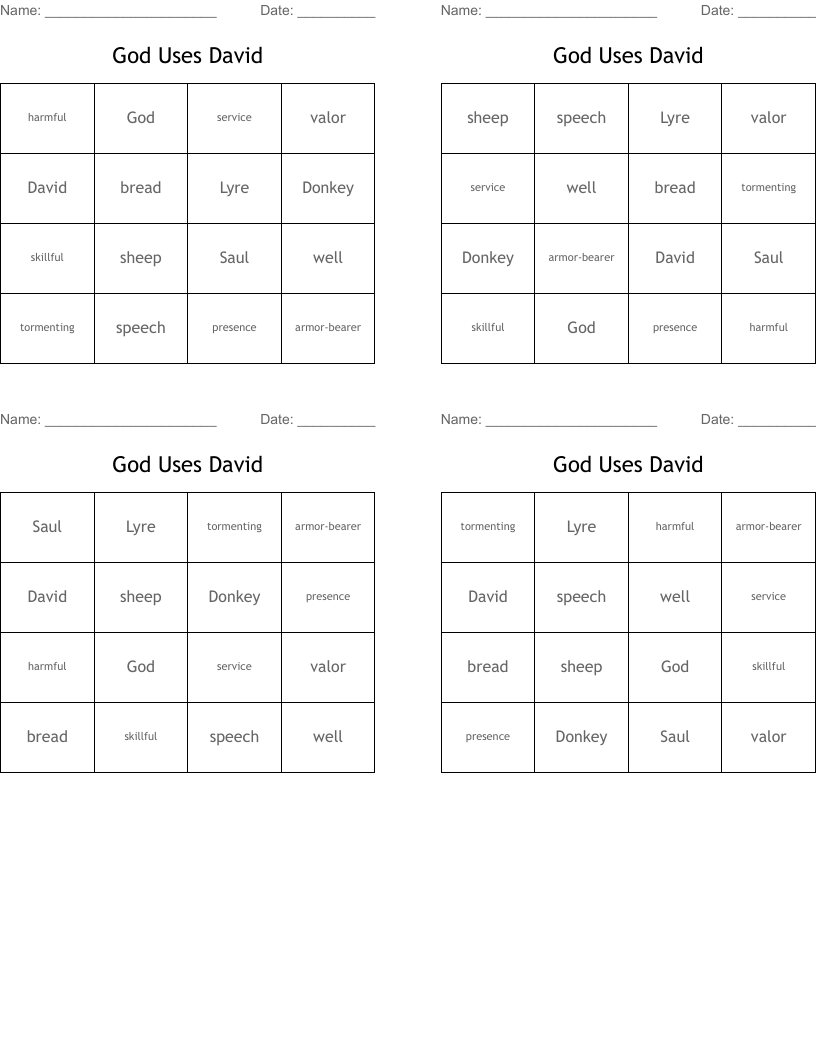 God Uses David Bingo Cards