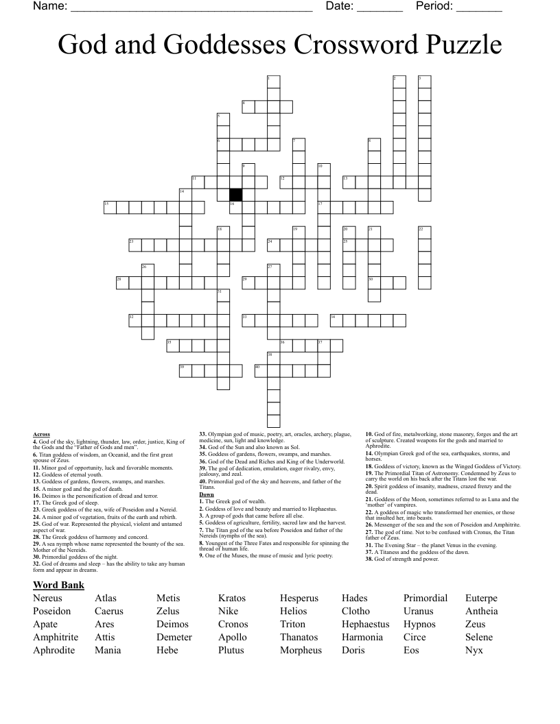 God and Goddesses Crossword Puzzle