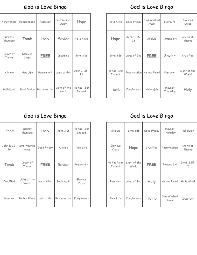 God is Love Bingo