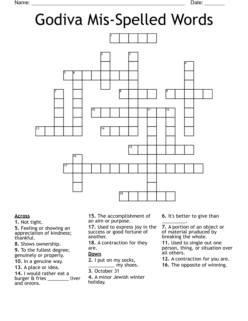 Godiva Mis-Spelled Words Crossword
