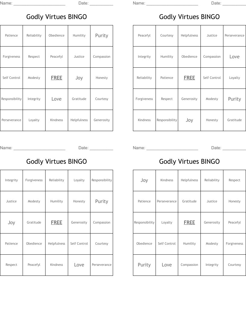 Godly Virtues BINGO