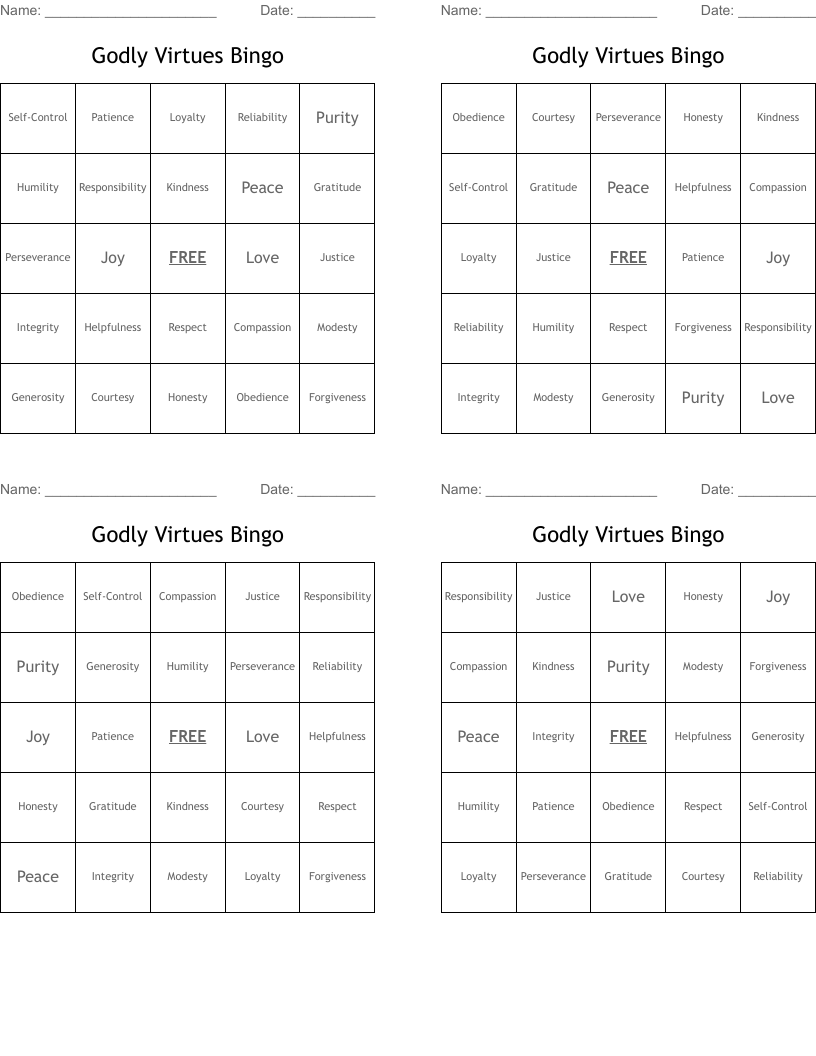 Godly Virtues Bingo