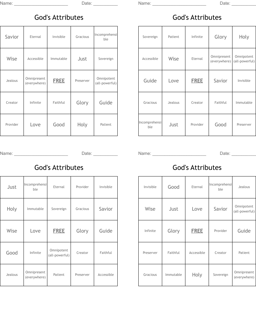 God's Attributes Bingo Cards