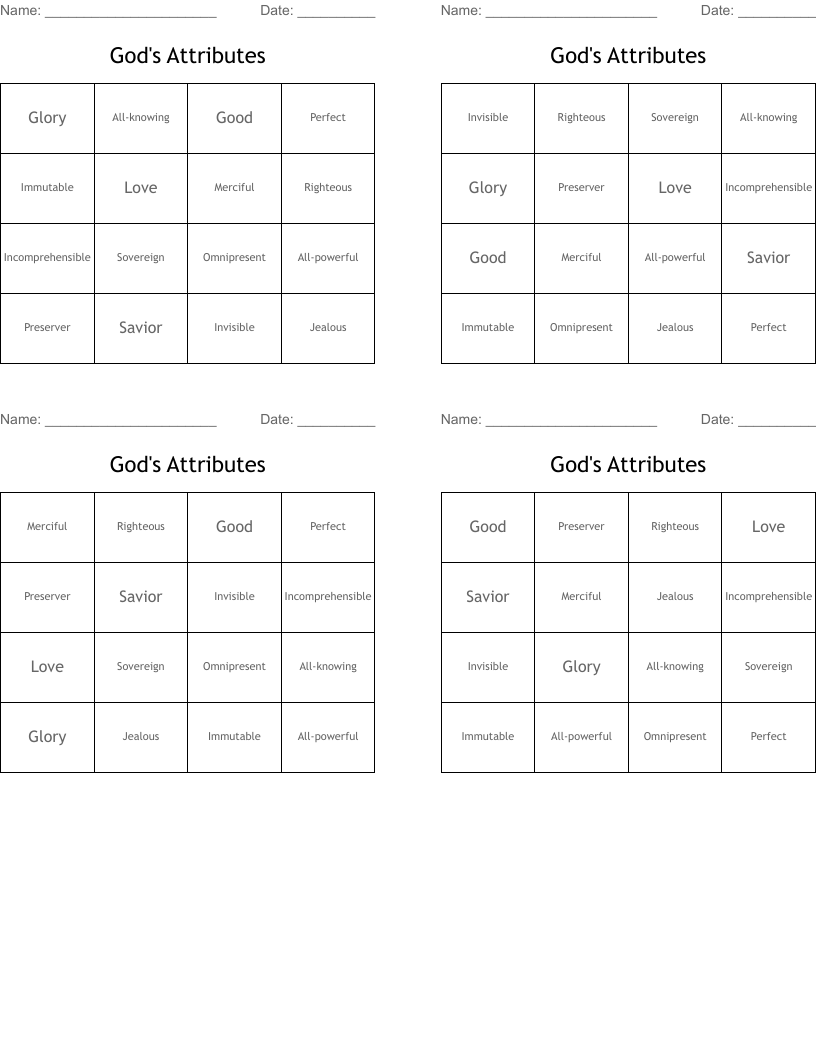 God's Attributes Bingo Cards