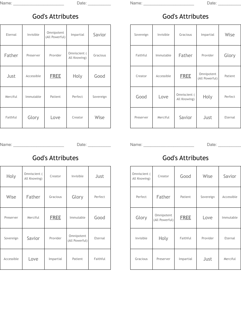 God's Attributes Bingo Cards