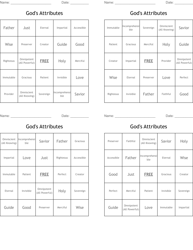 God's Attributes Bingo Cards