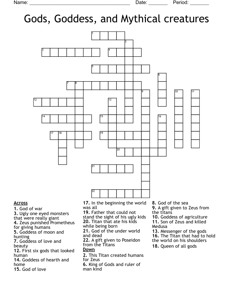 Gods, Goddess, and Mythical creatures Crossword