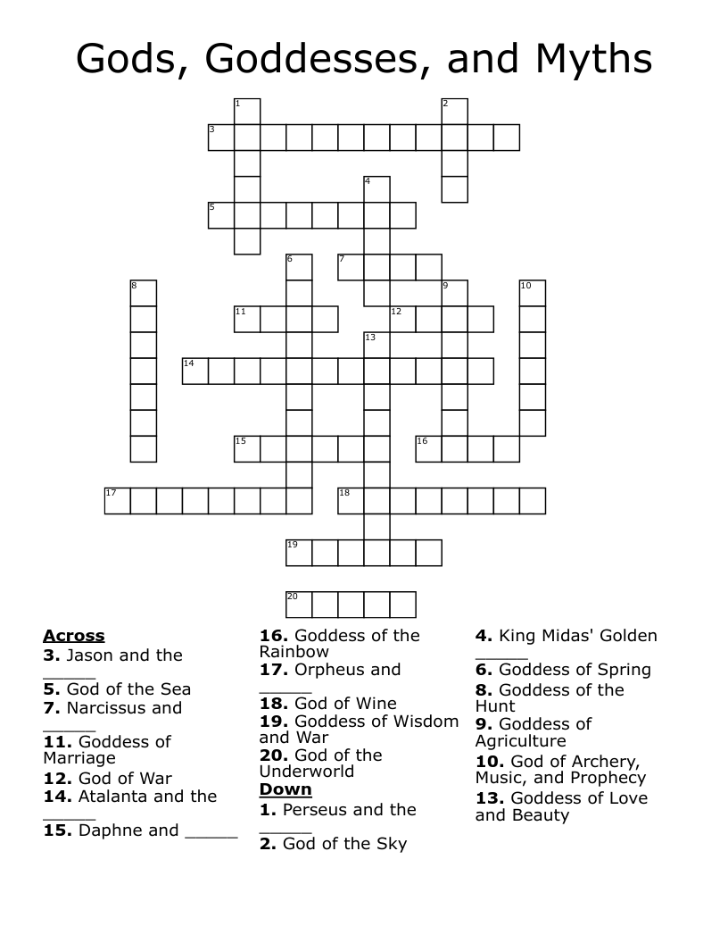 Gods, Goddesses, and Myths Crossword