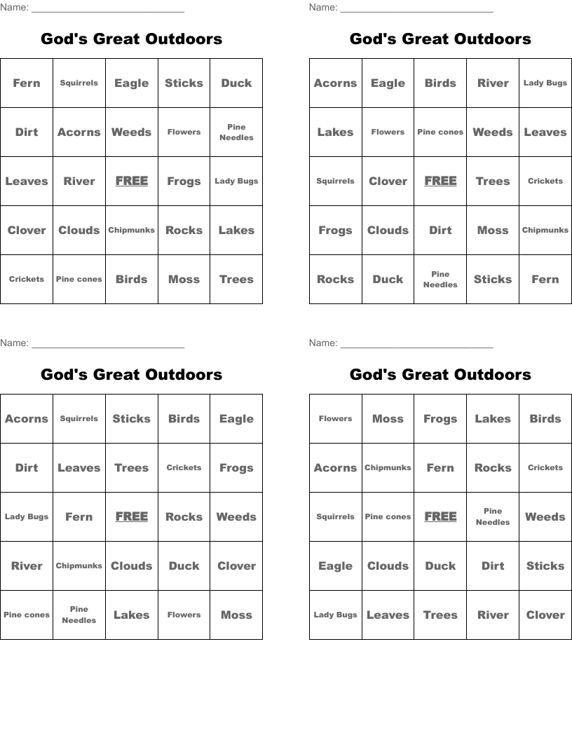 God's Great Outdoors Bingo Cards