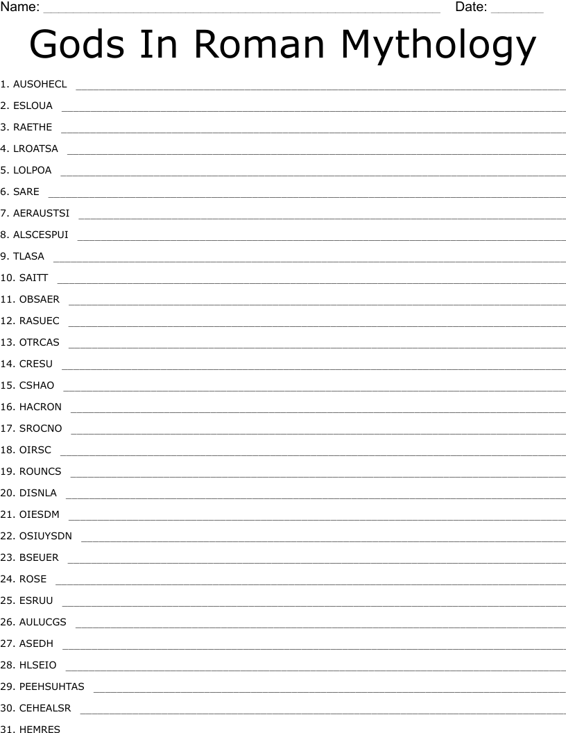 Gods In Roman Mythology Word Scramble