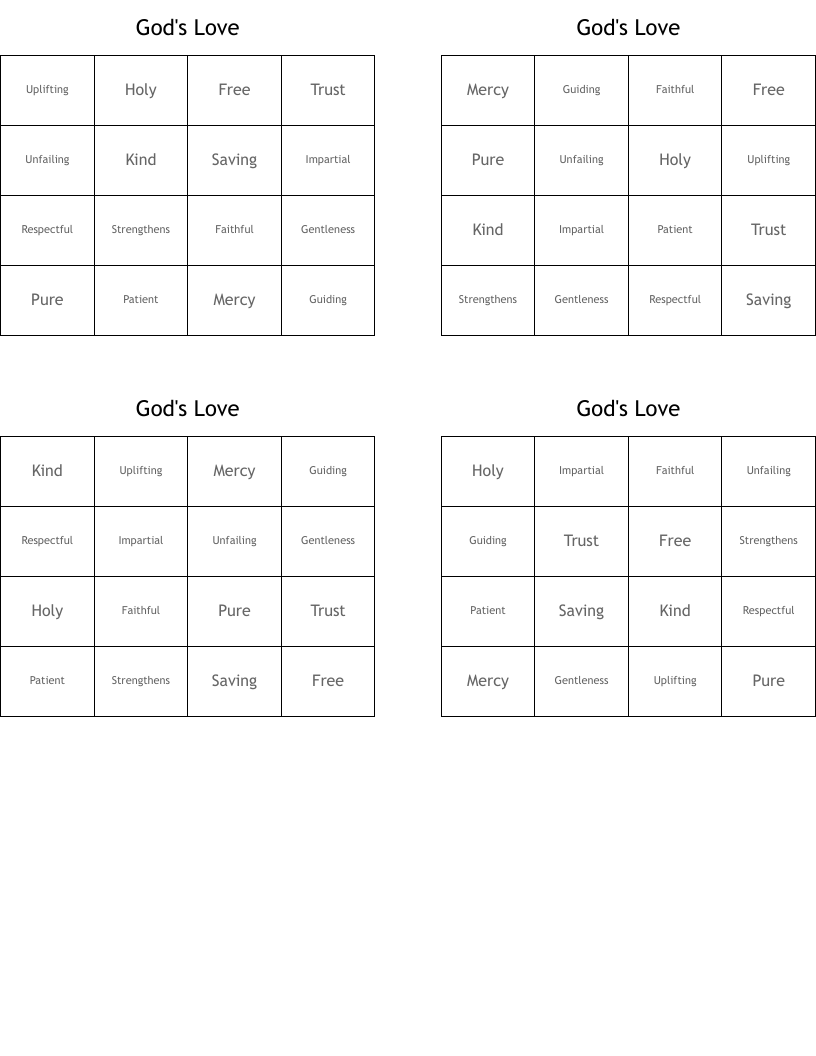 God's Love Bingo Cards