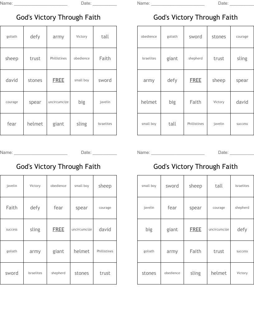 God's Victory Through Faith Bingo Cards