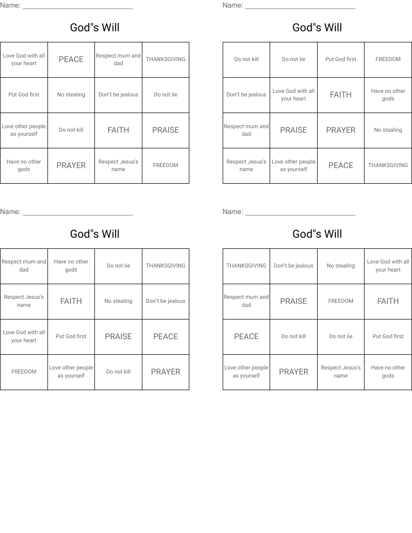 God"s Will Bingo Cards