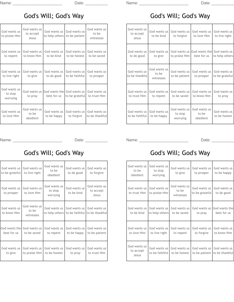 God's Will; God's Way Bingo Cards
