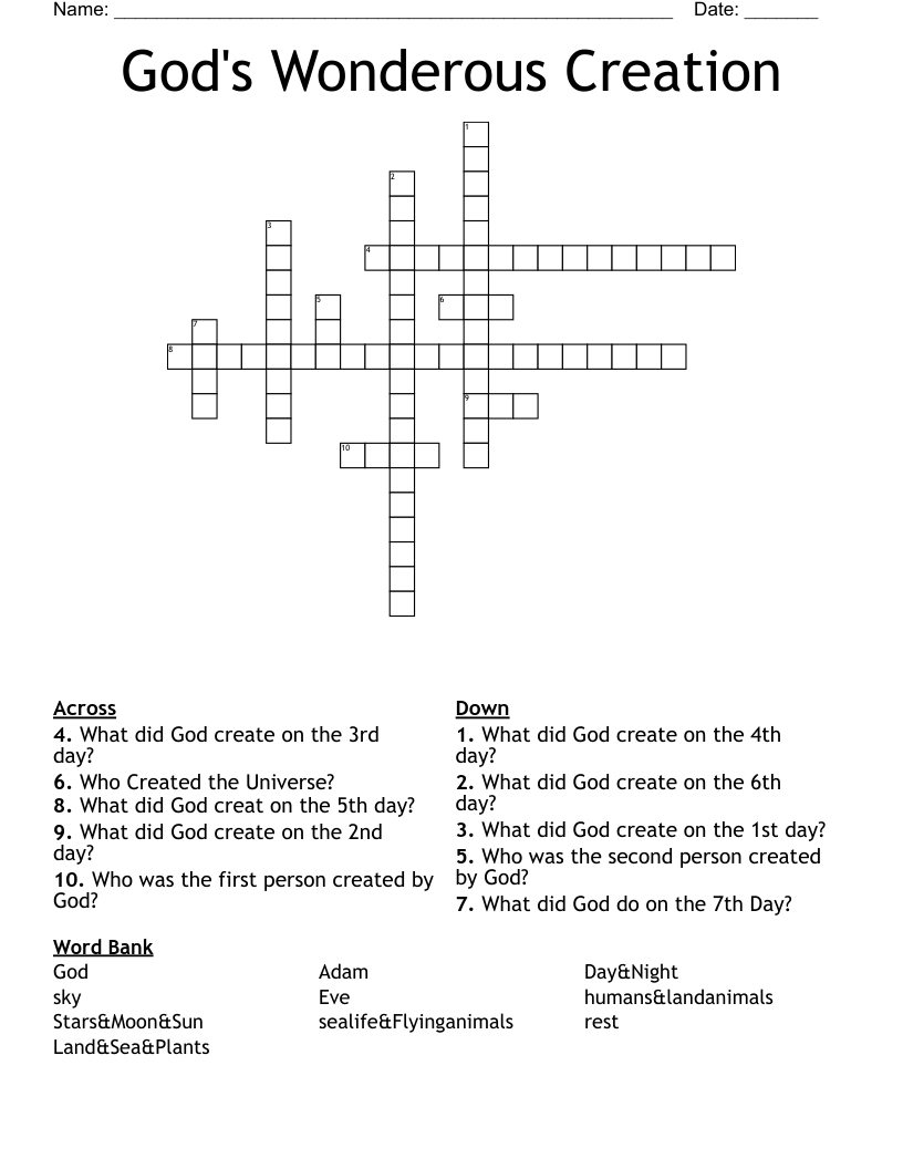 God's Wonderous Creation Crossword