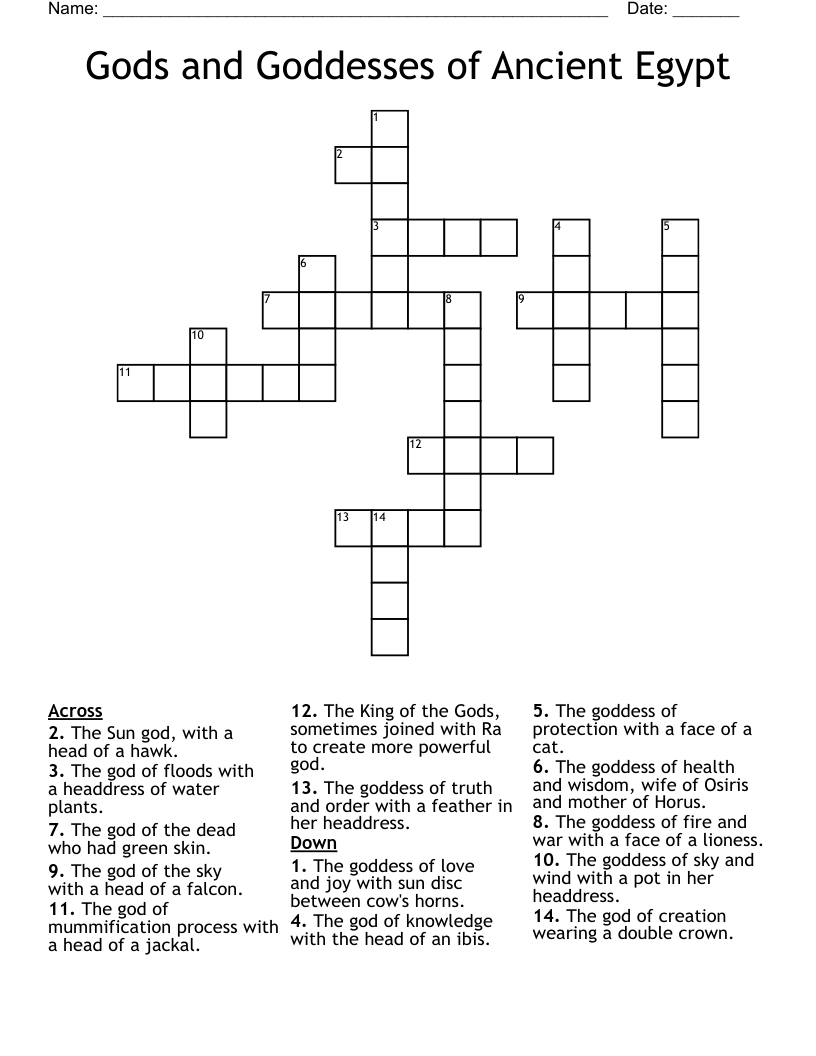 Gods and Goddesses of Ancient Egypt Crossword