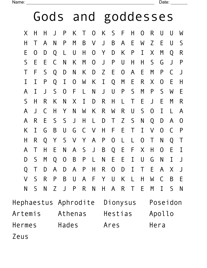 Gods and goddesses Word Search