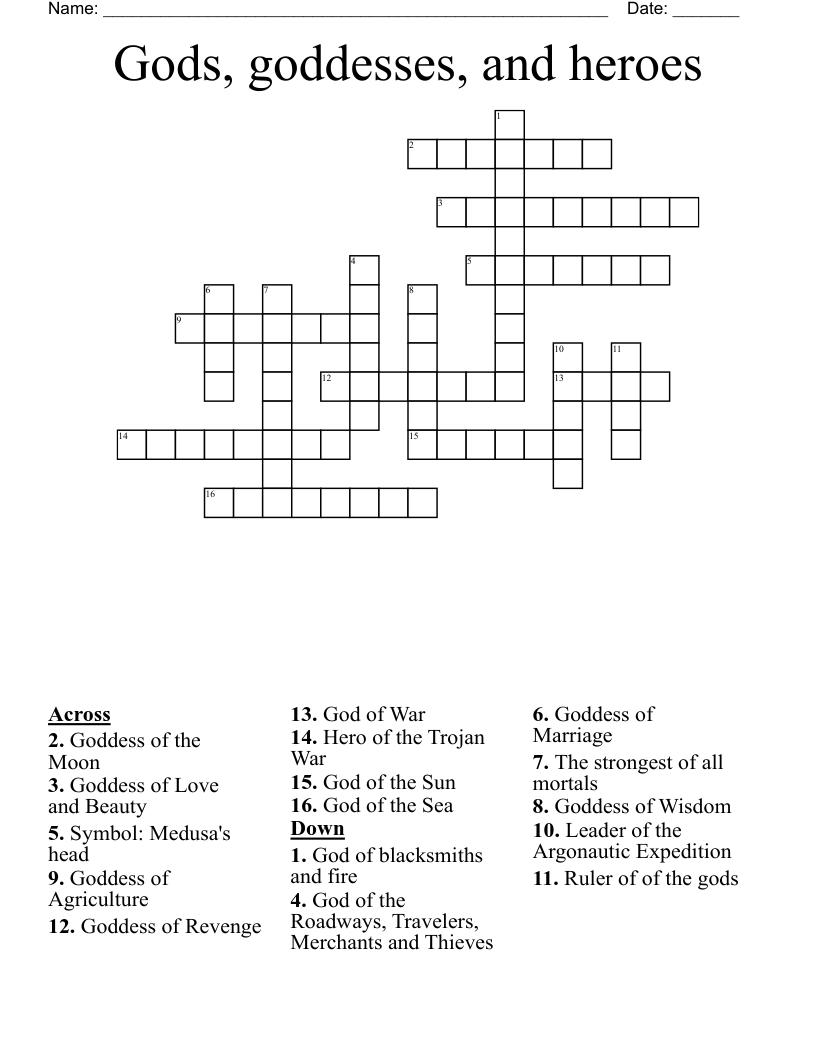 Gods, goddesses, and heroes  Crossword