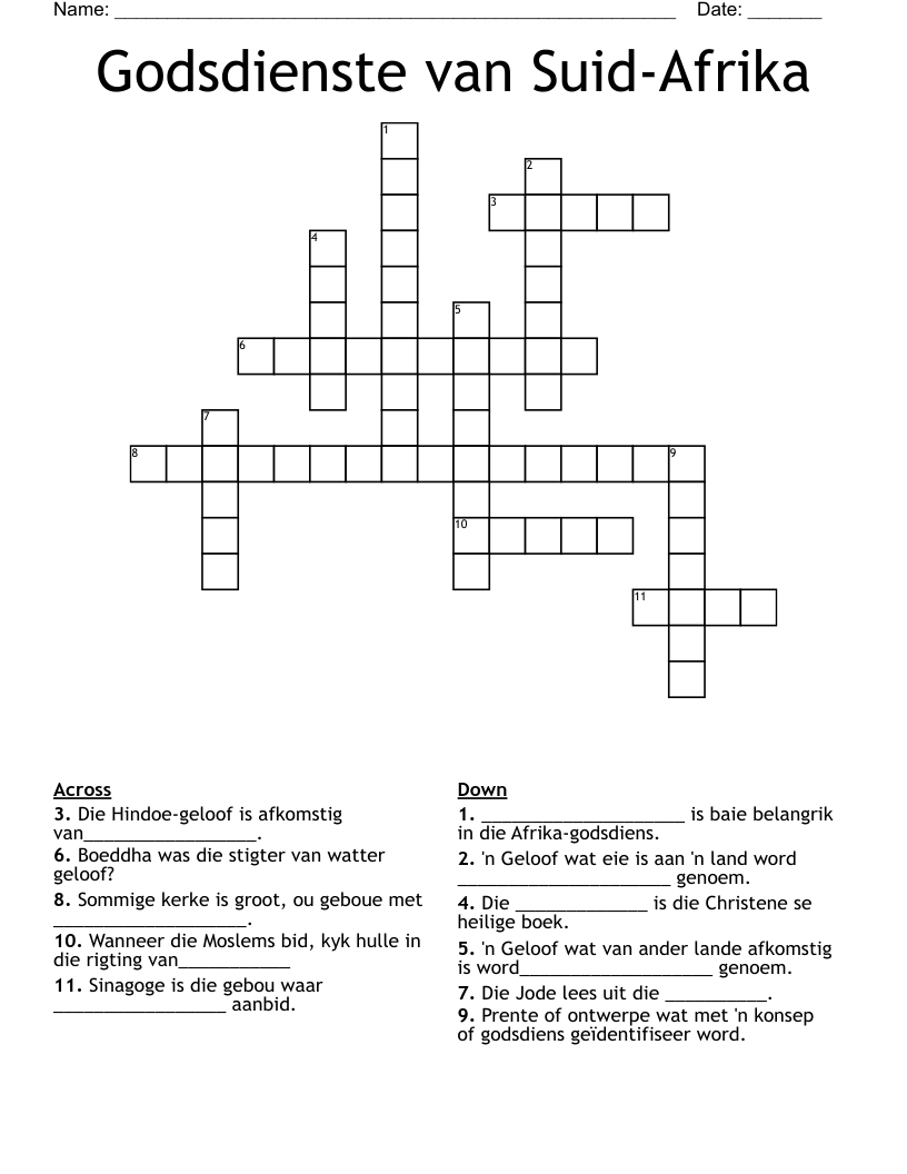 Godsdienste van Suid-Afrika Crossword