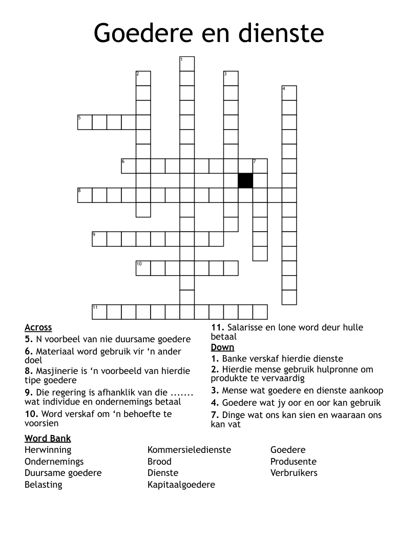 Goedere en dienste Crossword