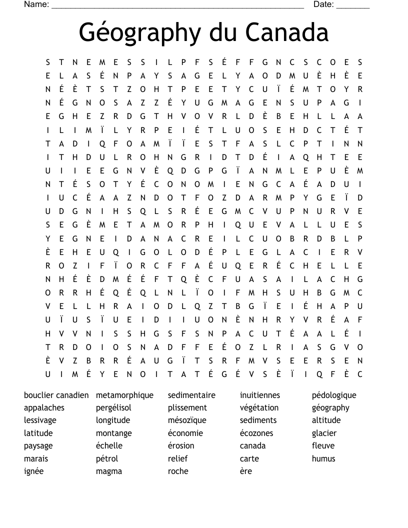 Géography du Canada Word Search