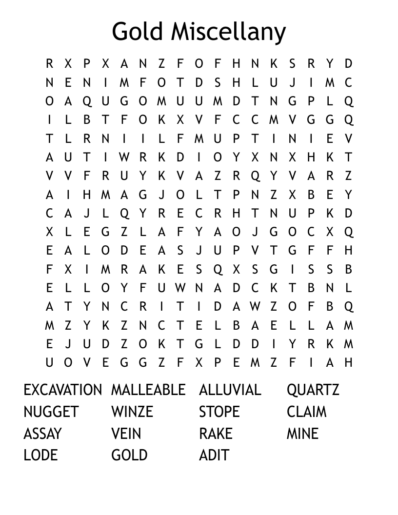Gold Miscellany Word Search