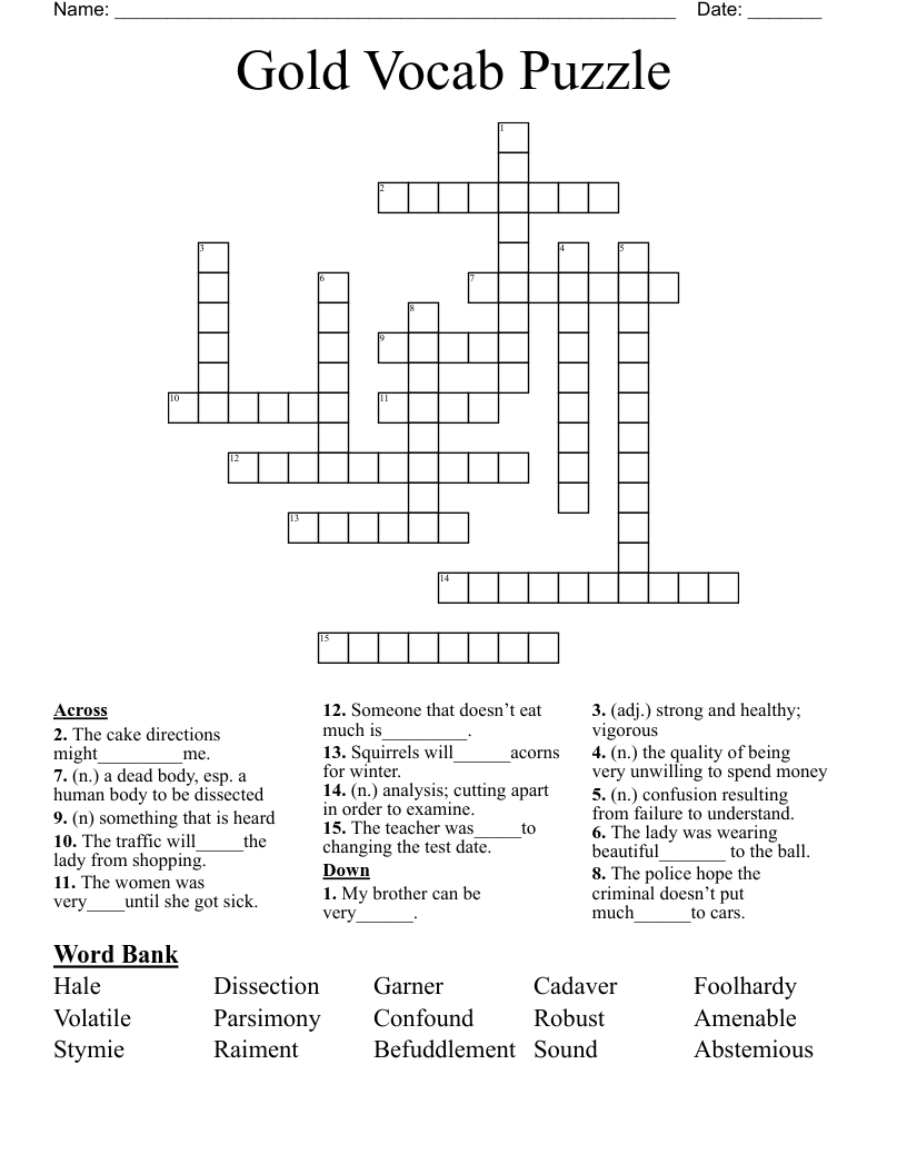Gold Vocab Puzzle Crossword