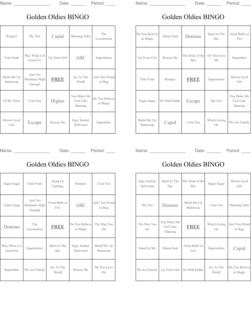 Golden Oldies BINGO