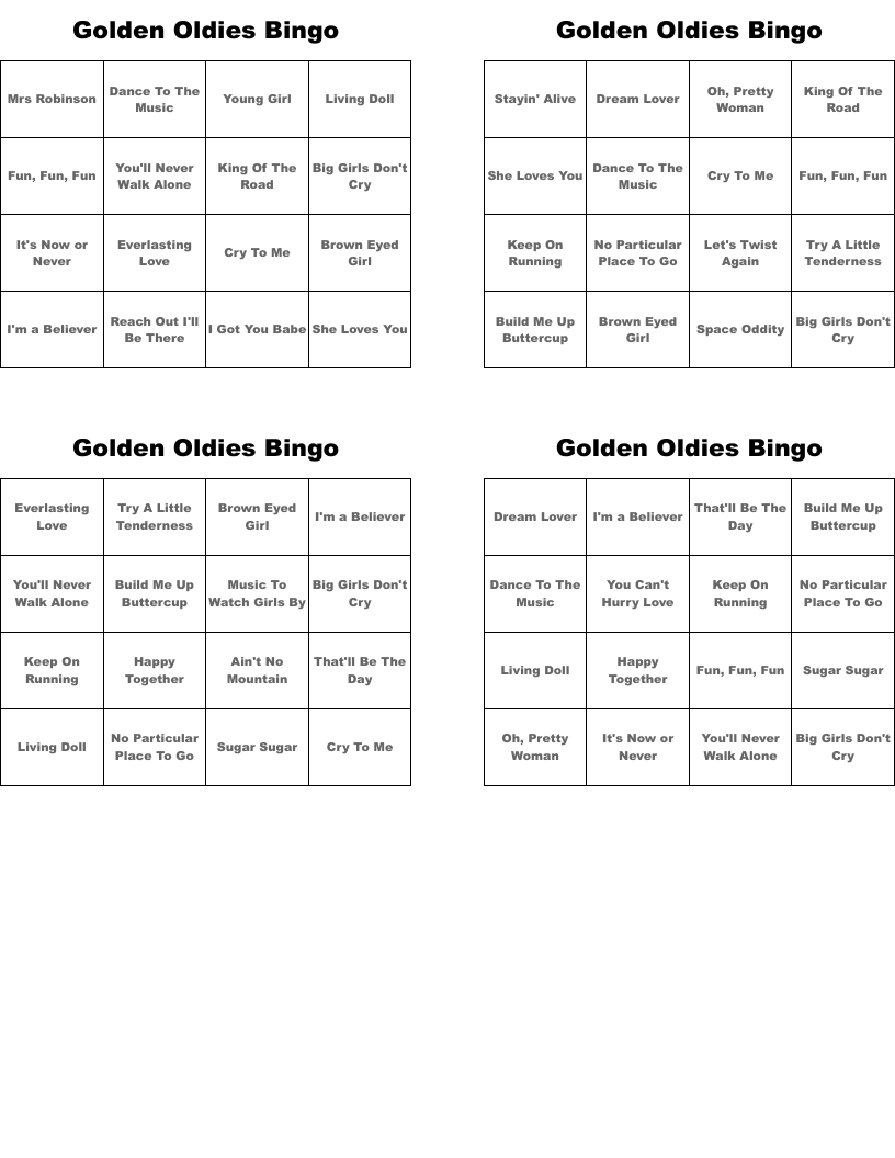 Golden Oldies Bingo