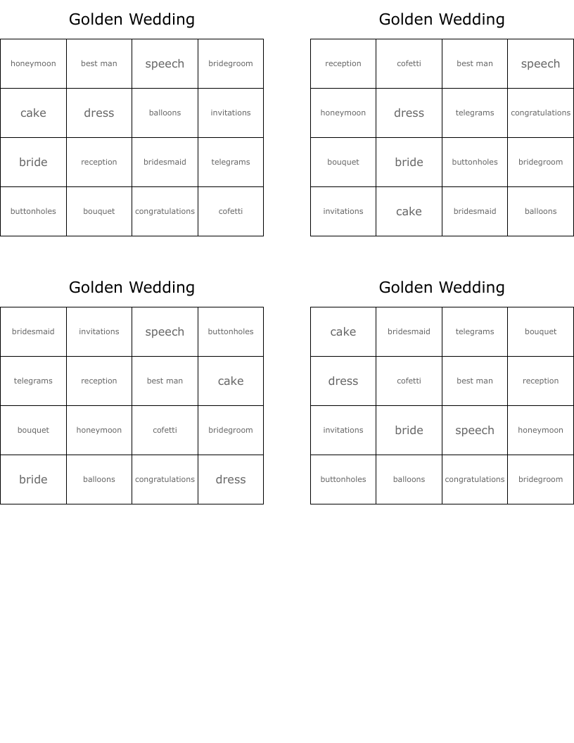 Golden Wedding Bingo Cards