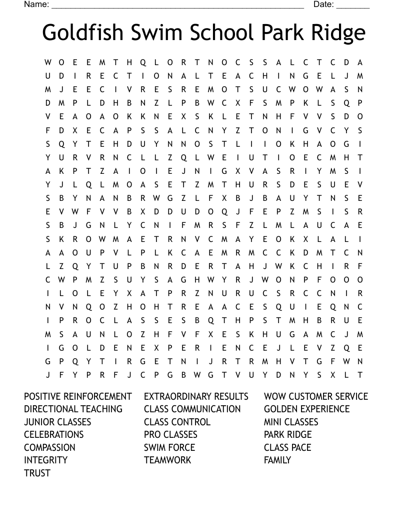 Goldfish Swim School Park Ridge Word Search