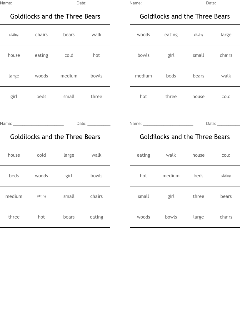 Goldilocks and the Three Bears Bingo Cards