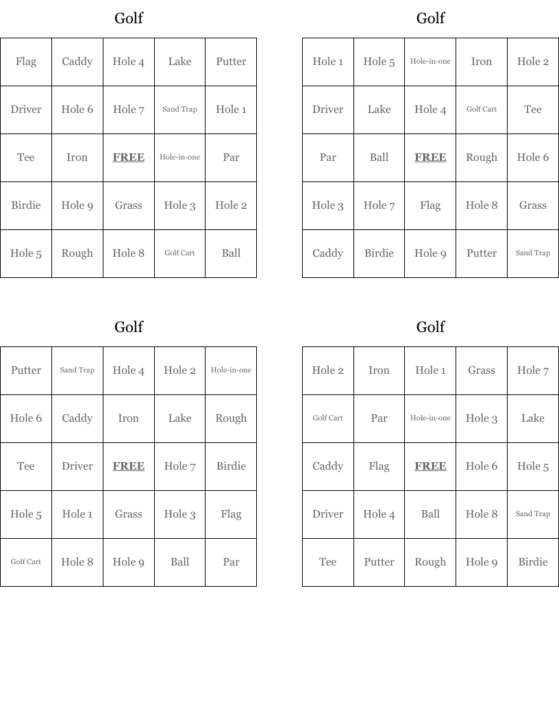 Golf Bingo Cards