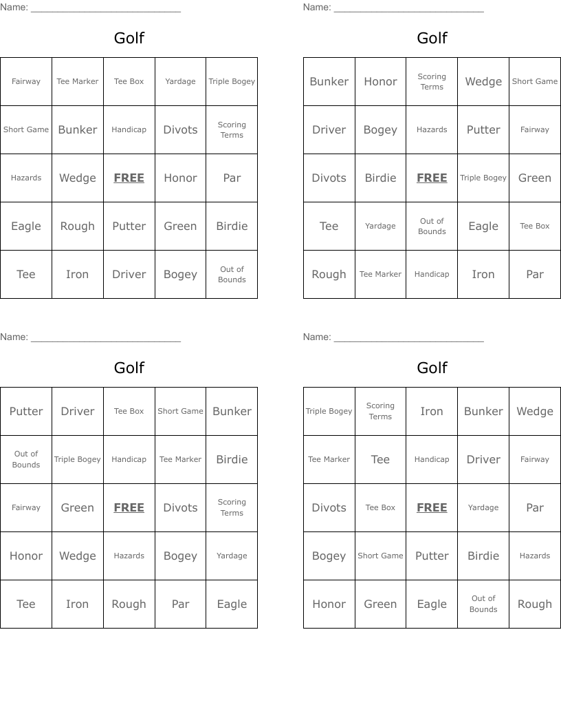 Golf Bingo Cards
