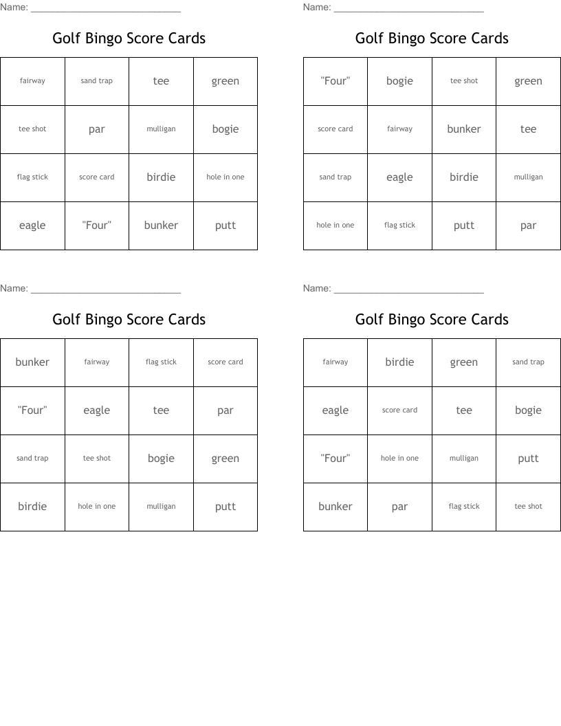 Golf Bingo Score Cards