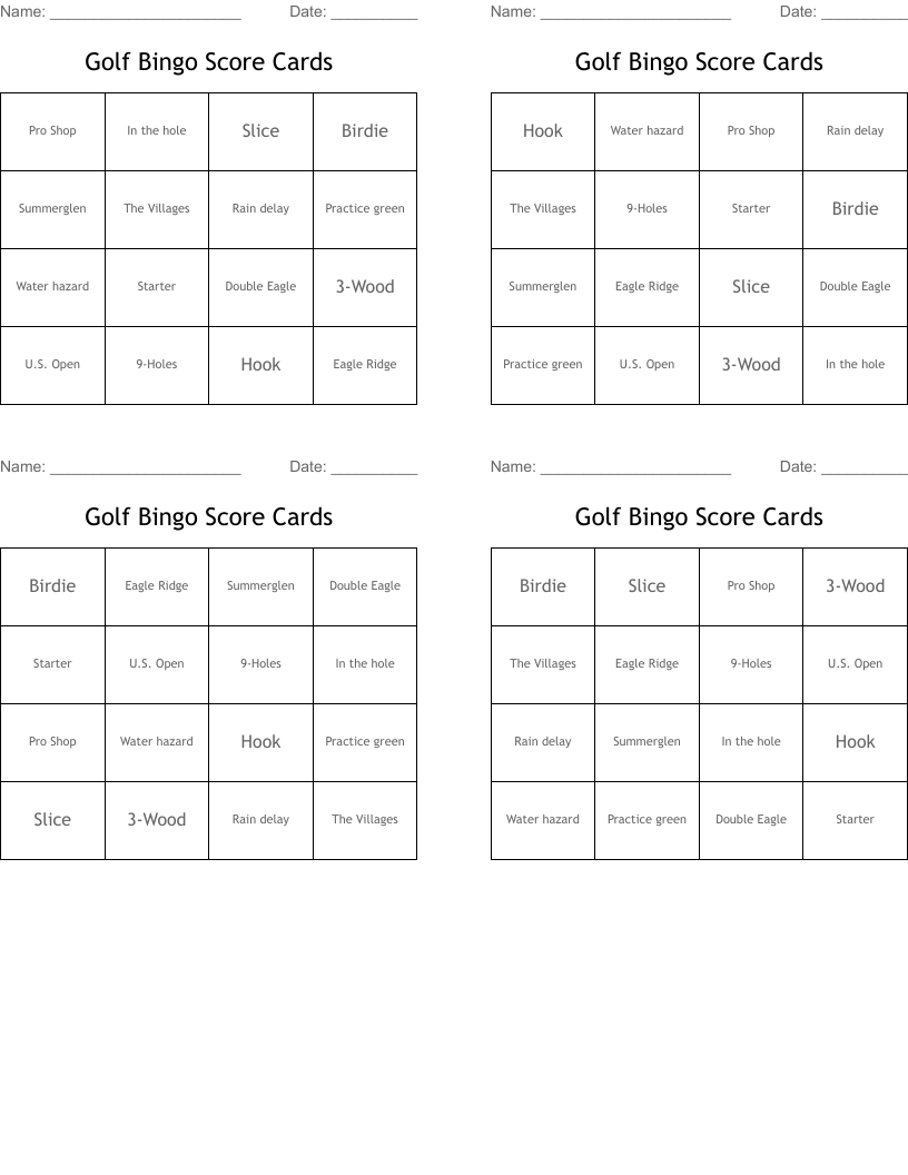 Golf Bingo Score Cards
