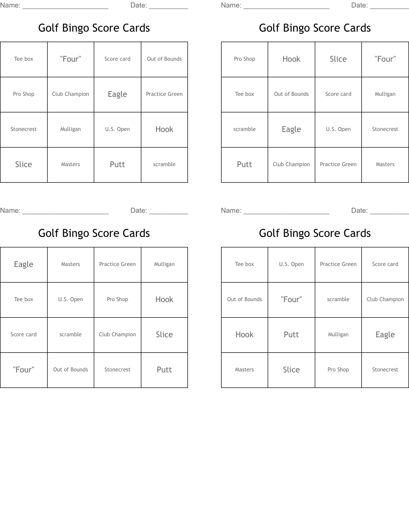 Golf Bingo Score Cards