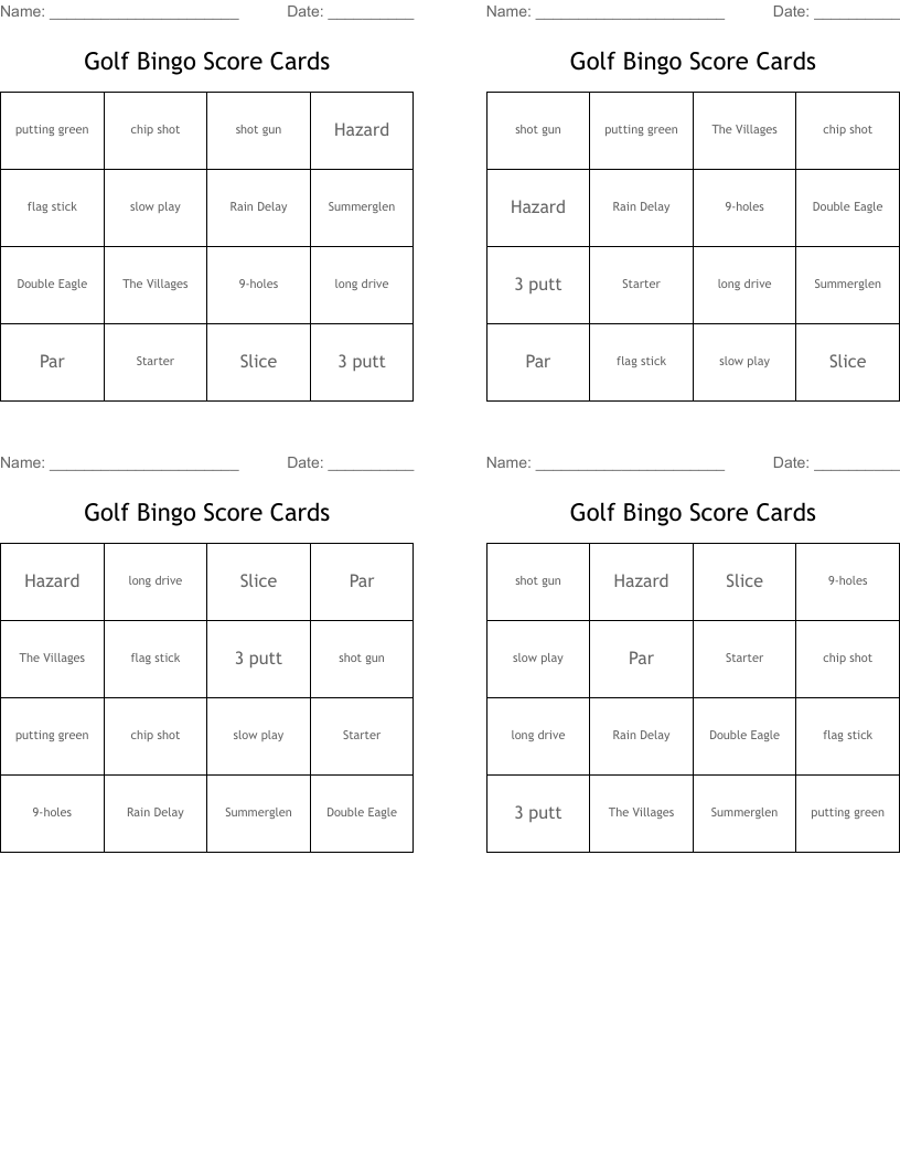 Golf Bingo Score Cards