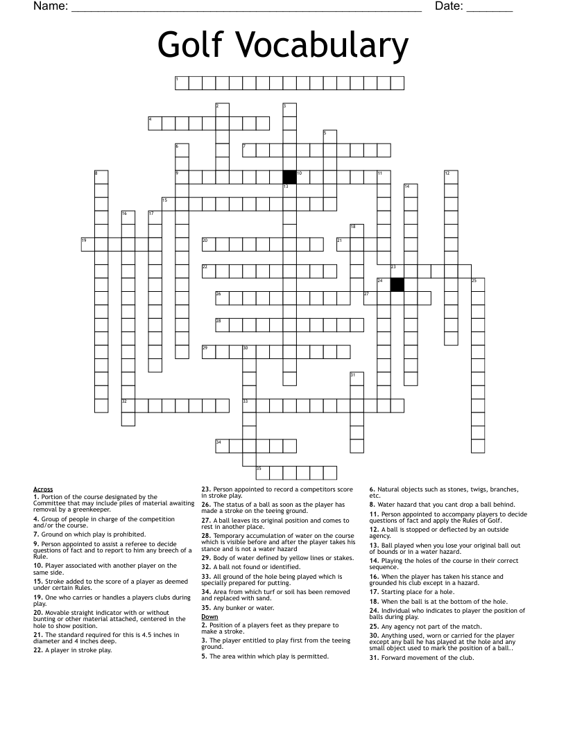Golf Vocabulary Crossword