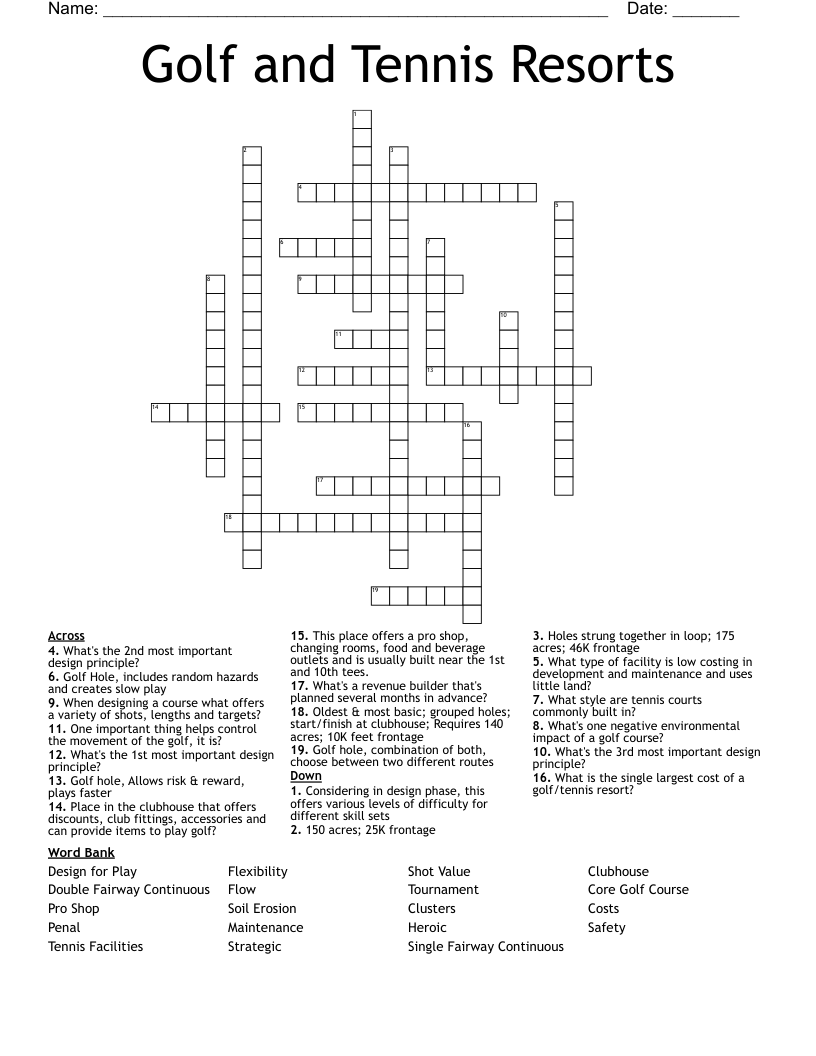 Golf and Tennis Resorts Crossword
